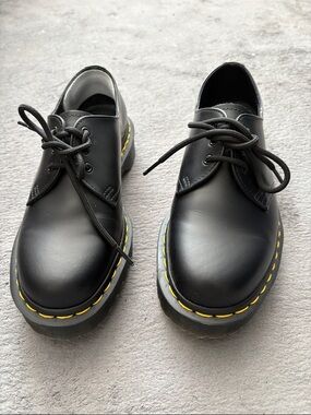 Dr. Martens Black Leather 3-Eye Derby with Yellow Stitching